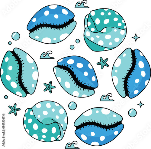 Cute seashells collection with polka dot sea shells and starfish ocean elements illustration set
