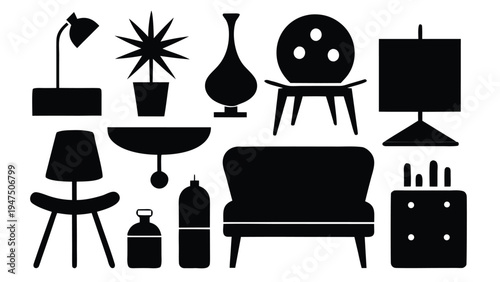 Eleven black silhouette icons featuring various mid-century modern furniture pieces and decorative house plants are set against a white background.