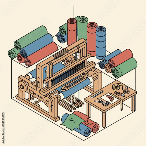 Isometric illustration of a textile factory, showcasing weaving equipment and fabric rolls.