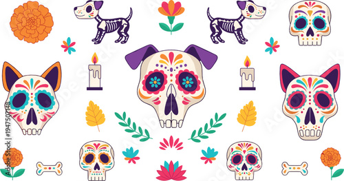 Day of the Dead Sugar Skull Vector Collection with Decorative Calavera Skulls Skeleton Dog Flowers Candles Mexican Dia de los Muertos Elements