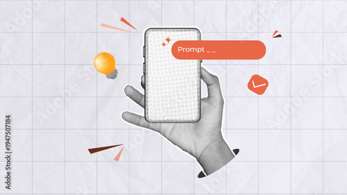 halftone collage, hand holding smartphone with ai prompt interface chat input bar, lightbulb idea icon. artificial intelligent prompt tools on mobile phone and smart technology