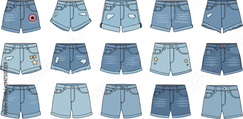 Denim shorts collection with different styles distressed ripped patched and classic blue jean shorts fashion clothing flat vector illustration set