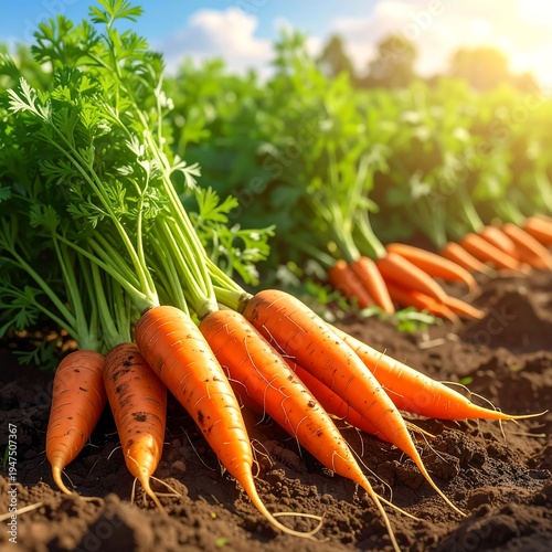 Freshly harvested carrots with green tops in a sunny garden bed