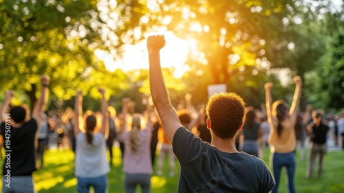 Group of people raising fists in protest outdoors at sunset