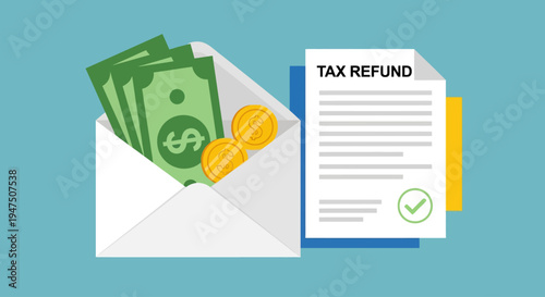 Tax Refund Money from Envelope Financial Flat Vector Illustration