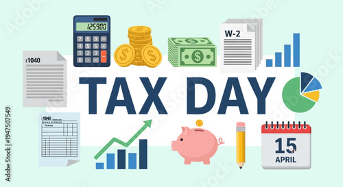 Tax Day Typography with Financial Icons Flat Vector Illustration