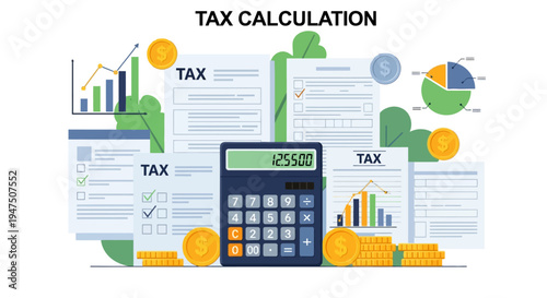 Tax Calculation with Calculator and Financial Documents Flat Vector Illustration