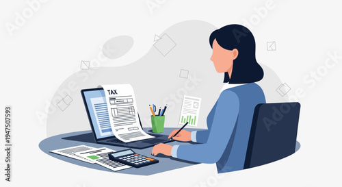 Small Business Owner Managing Taxes Financial Flat Vector Illustration