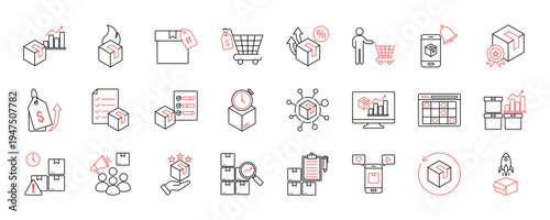 Product Demand icon collection set. Containing design Rising Product Chart, Hot Product, Trending Tag, Flash Sale Demand, High Demand Graph, Launch Hype and more.