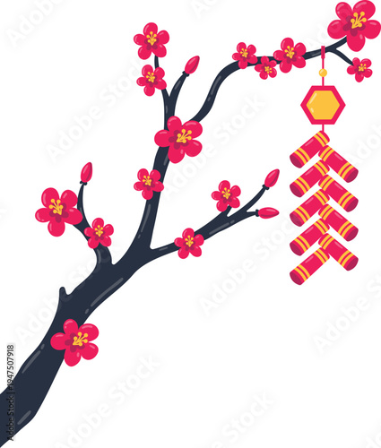 Illustration of Plum Blossom Branch with Firecrackers