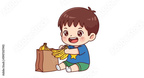 Happy child eating banana snack.