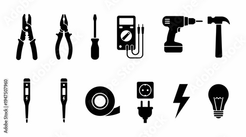 Collection of electrical tools and equipment icons for DIY projects and electrical work, including pliers, screwdrivers, meters, drills, hammers, tape, plugs, and lightbulbs
