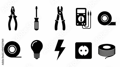 Collection of Electrical Tools and Supplies Screwdriver, Pliers, Light Bulb, Outlet, Tape, and Meter