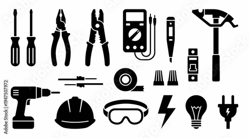 Comprehensive assortment of essential tools for electrical work and building maintenance, including safety equipment and utility components, presented as sleek black vector icons