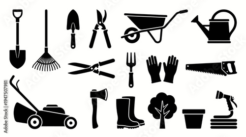 A comprehensive collection of essential gardening tools and equipment silhouettes, perfect for horticulture, landscaping, and backyard maintenance projects and design