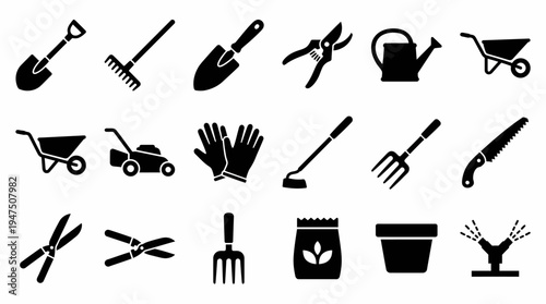 Collection of black and white silhouette icons representing various gardening tools and equipment for outdoor cultivation and plant care activities
