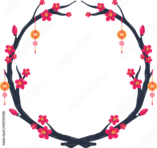 Minimal Chinese Round Ornament With Plum Branch
