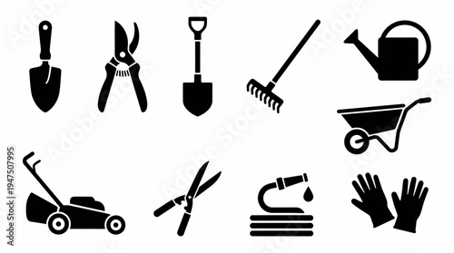 Comprehensive collection of essential gardening tools and equipment icons, perfect for illustrating horticulture, landscaping, and yard maintenance concepts with clear silhouettes