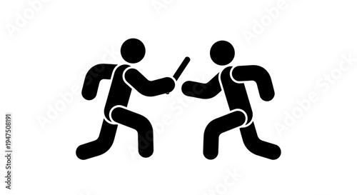 Two stick figures fighting with swords.