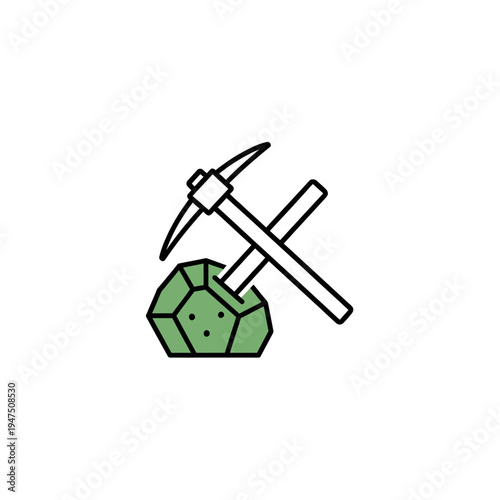 A pickaxe and a green gemstone.