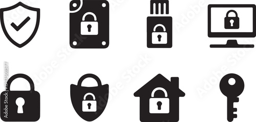 Data security and encryption icon set featuring shield lock computer and key symbols flat