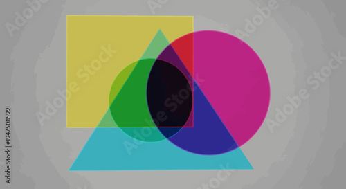 Overlapping translucent yellow square, cyan triangle, and magenta circle demonstrating subtractive color mixing on a grey background.
