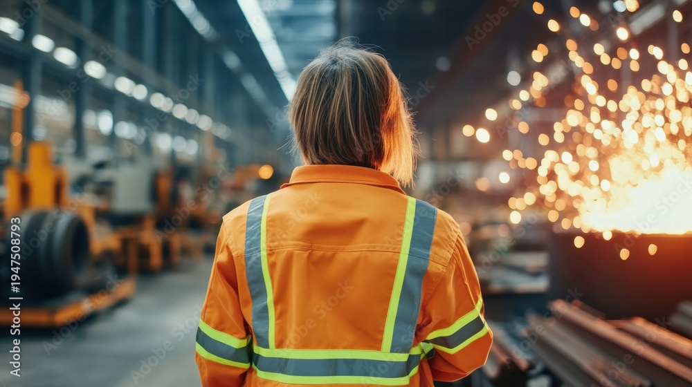 Fototapeta premium Worker observes industrial process with sparks