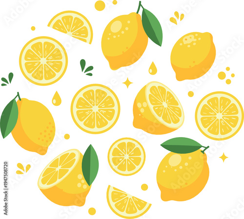 Fresh lemon fruit collection with whole lemons, slices and leaves, bright citrus ingredient illustration set for healthy food design