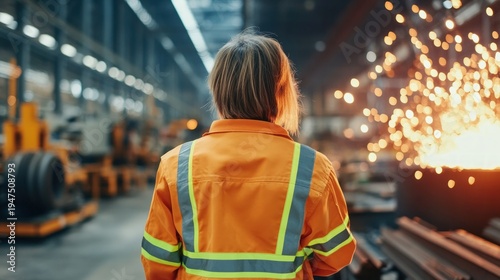 Worker observes industrial process with sparks