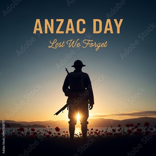 Anzac day poster with soldier and rainbow background