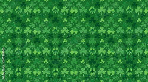 Green shamrock clovers create a seamless flat design pattern for festive backgrounds repeating on a vibrant green backdrop