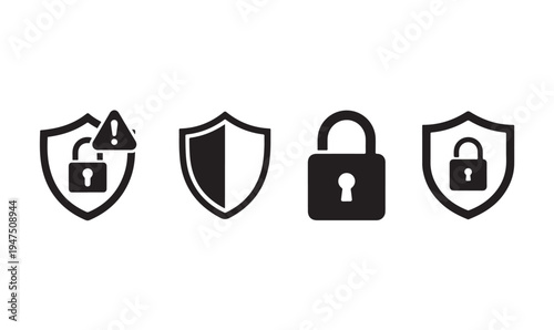 Data protection icon set featuring shield security symbols and padlock warning notification