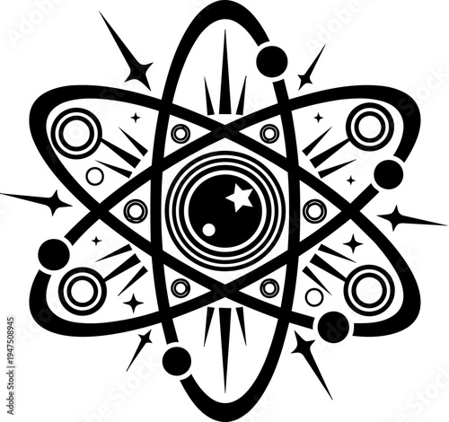 Stylized Atom Icon in Black and White