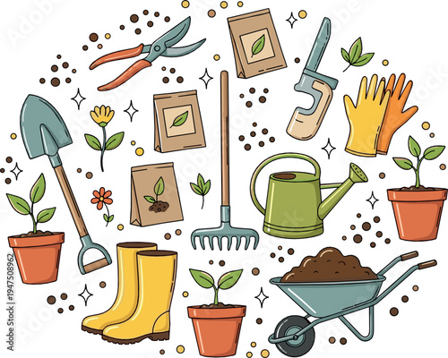 Gardening Tools and Plants Vector Collection with Watering Can Wheelbarrow Gloves Boots Seed Packets Garden Equipment Illustration Set