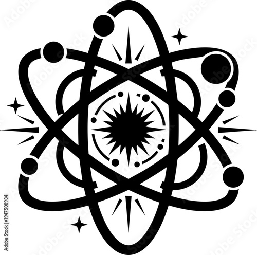 Stylized Atom Icon with Celestial Elements