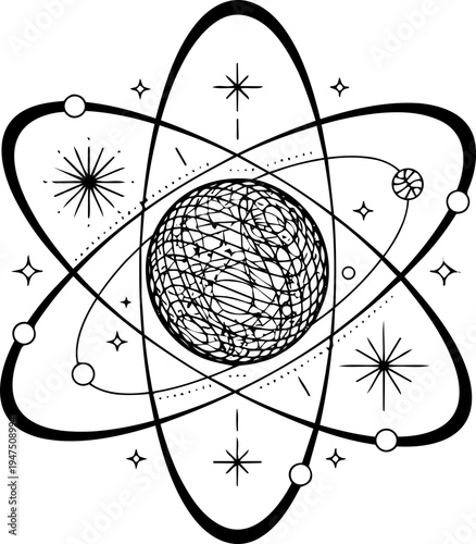 Retro Atom Orbit Icon Black and White