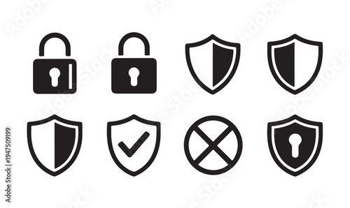 Security icons set vector illustration lock and shield symbols internet data protection concept