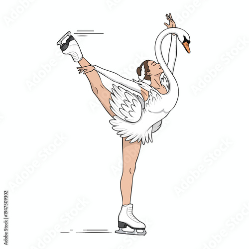 Elegant figure skater in a swan costume performs a graceful pose on ice