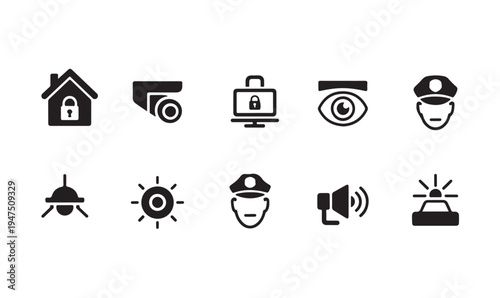 Security and surveillance icons: house, camera, monitor, eye, officer, light, siren