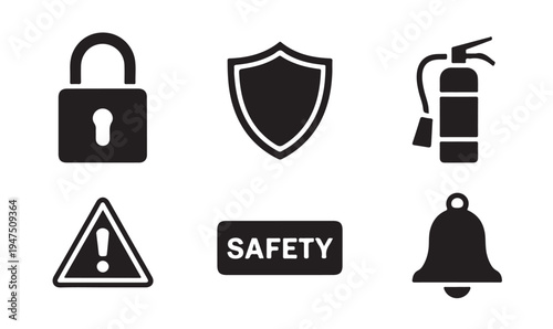 Safety and security icons collection: lock, shield, fire extinguisher, warning sign