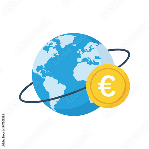 Earth with euro coin and orbital path signifies global finance