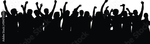 Cheering protest crowd silhouette with raised fists, people unity demonstration, activism movement concept, social protest gathering illustration background