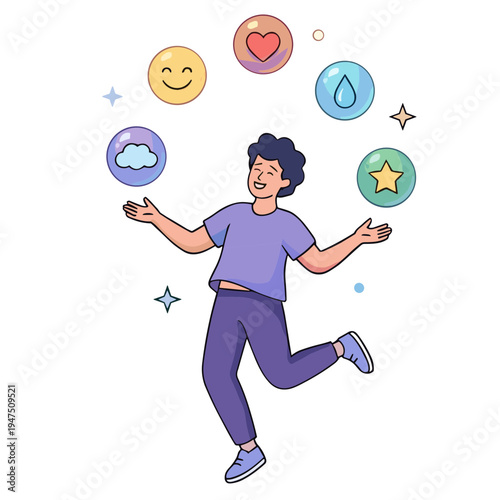 A joyful man juggles floating icons representing emotions and symbols.