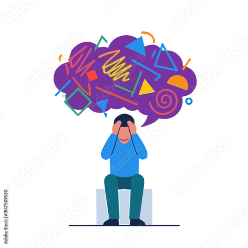 A stressed man sits on a bench with a chaotic thought bubble filled with shapes.