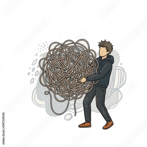 Man struggles to carry large tangled rope bundle in frustration