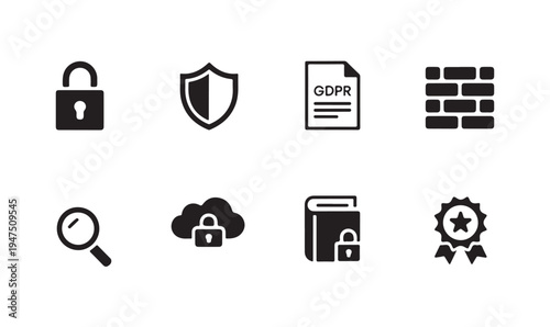 Compliance and cybersecurity icon set including gdpr cloud storage and firewall metaphors