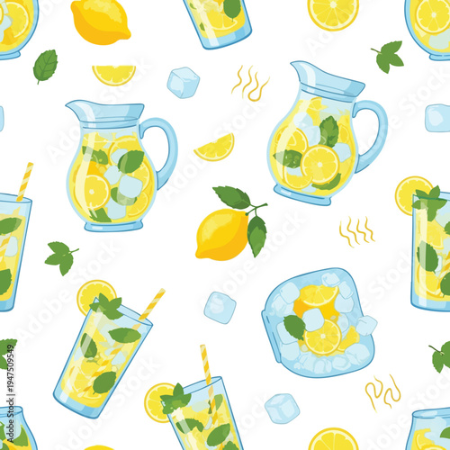 Refreshing lemonade with lemons, mint, ice, and straws scattered on white