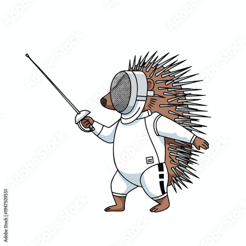 A cartoon hedgehog in a fencing suit with a sword, ready to duel