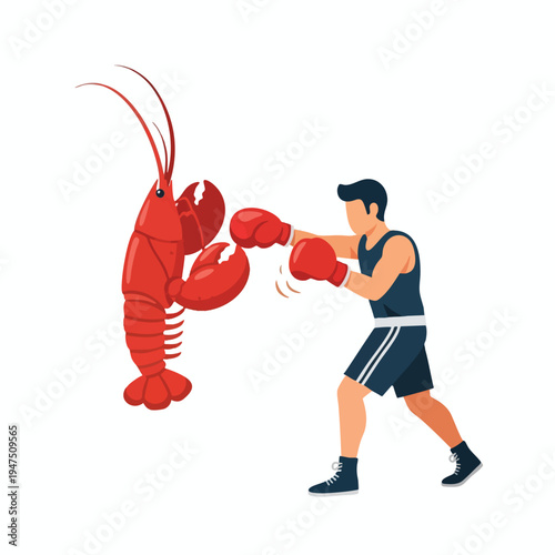 A boxer in red gloves punches a large red lobster