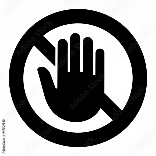 Stop hand prohibition symbol in black circular sign isolated on white background, warning icon for restriction, forbidden access, safety instruction and regulatory compliance concept